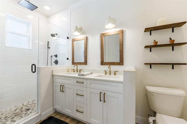 bathroom featuring toilet, a shower stall, double vanity, and a sink