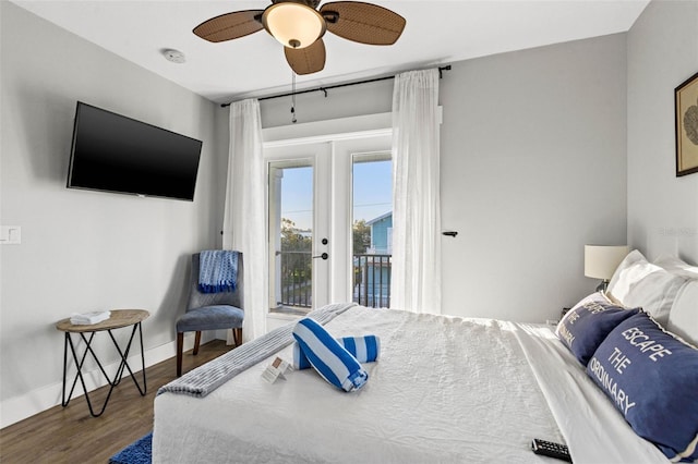 bedroom with french doors, ceiling fan, wood finished floors, access to outside, and baseboards