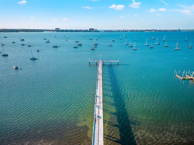 aerial view with a pier and a water view