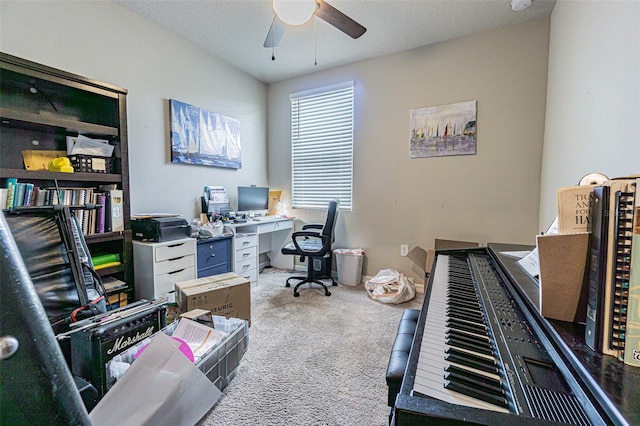 office with carpet flooring and a ceiling fan