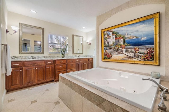 full bathroom featuring double vanity, a whirlpool tub, tile patterned flooring, a sink, and recessed lighting