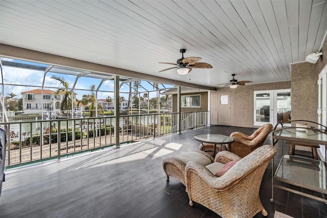 sunroom with wood ceiling