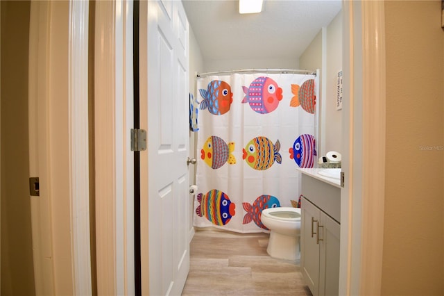 bathroom featuring toilet, a shower with shower curtain, wood finished floors, and vanity