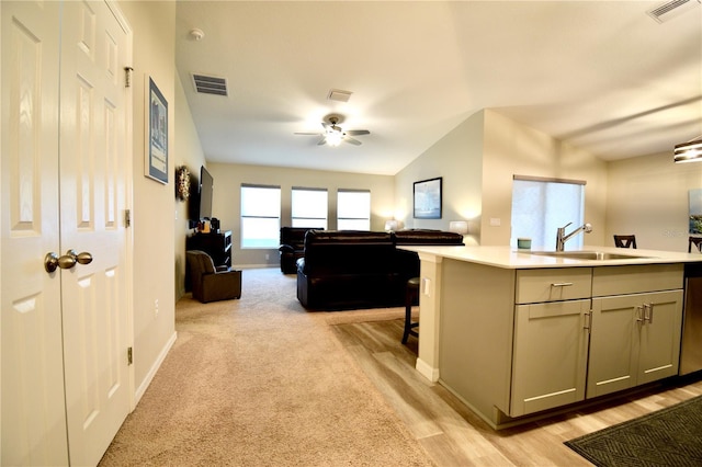 living area featuring light carpet, ceiling fan, and visible vents