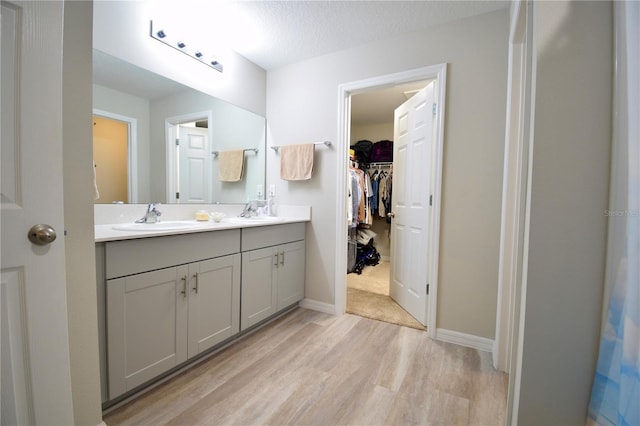 full bathroom with a walk in closet, double vanity, a sink, and wood finished floors