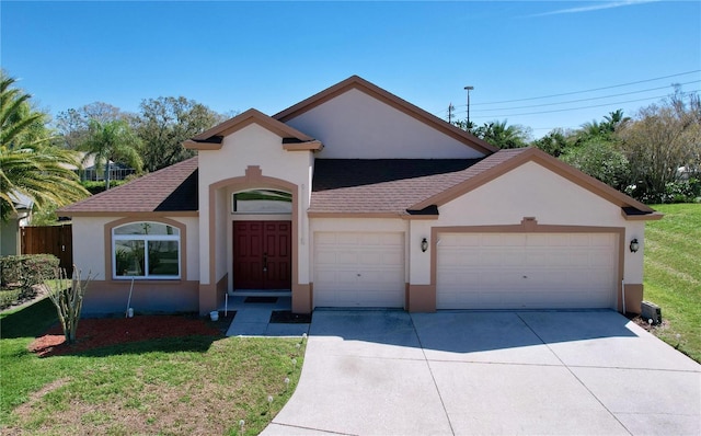 view of front facade featuring a garage, roof with shingles, driveway, and stucco siding