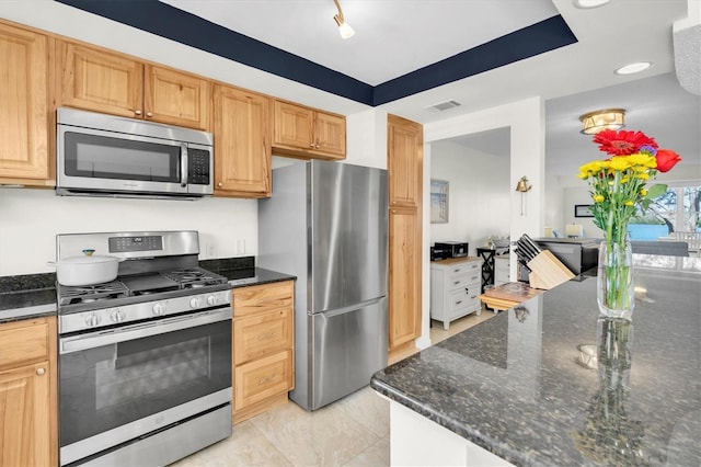 kitchen with stainless steel appliances, dark stone countertops, and visible vents