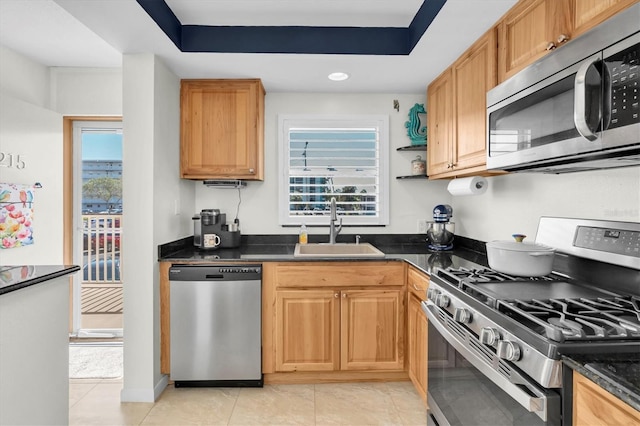 kitchen with appliances with stainless steel finishes, dark countertops, a raised ceiling, and a sink