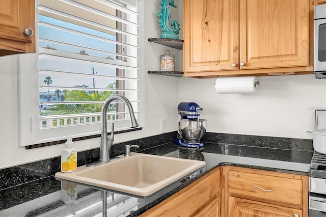 kitchen with open shelves, stainless steel microwave, dark countertops, and a sink