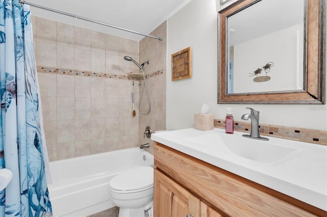 full bathroom featuring shower / tub combo with curtain, vanity, and toilet