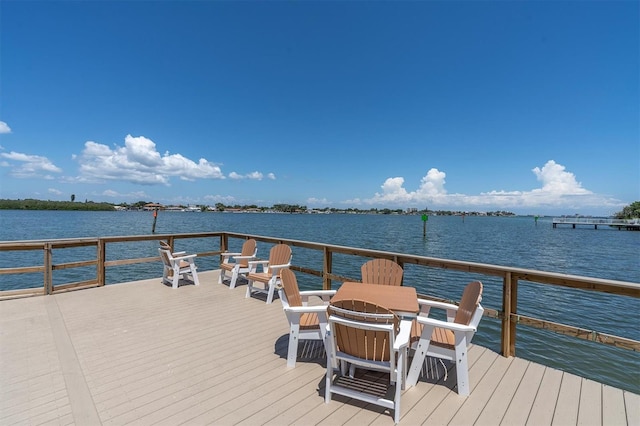 view of dock featuring a fire pit and a deck with water view