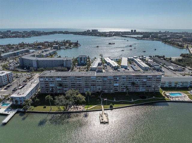 aerial view featuring a view of city and a water view