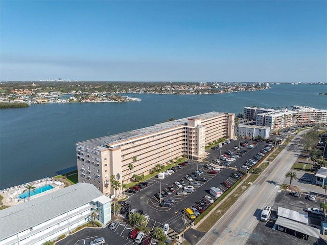 aerial view with a water view and a view of city