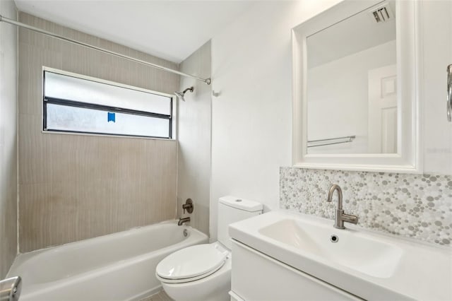 full bath with visible vents, toilet, shower / bathtub combination, decorative backsplash, and vanity