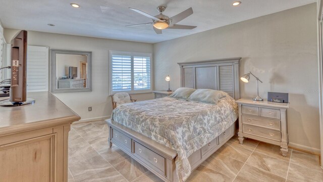 bedroom with recessed lighting, ceiling fan, baseboards, and light tile patterned floors