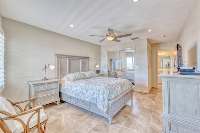 bedroom with a ceiling fan, recessed lighting, a closet, and visible vents