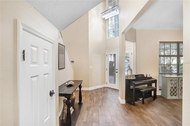 foyer entrance featuring lofted ceiling, a textured ceiling, baseboards, and wood finished floors