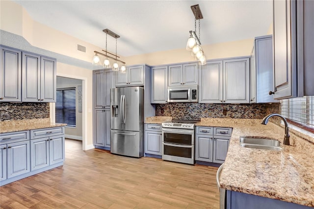 kitchen with visible vents, appliances with stainless steel finishes, gray cabinets, light wood-type flooring, and a sink