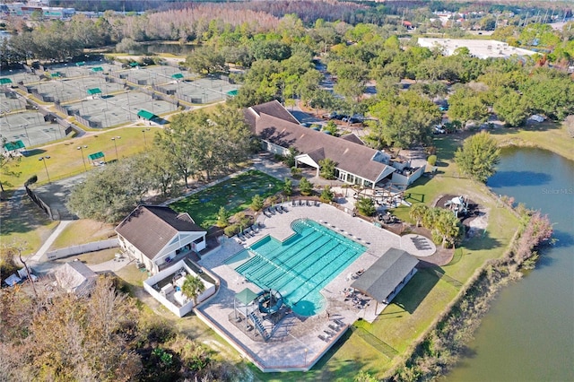 bird's eye view with a water view