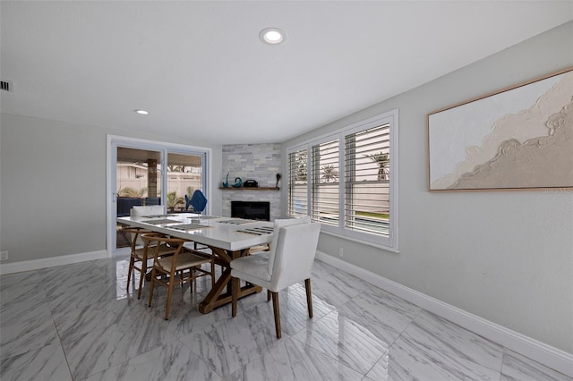 dining area with visible vents, recessed lighting, baseboards, and marble finish floor