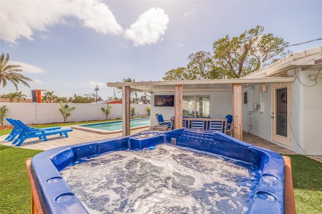 view of swimming pool featuring a fenced in pool, a fenced backyard, an outdoor hot tub, and a patio area