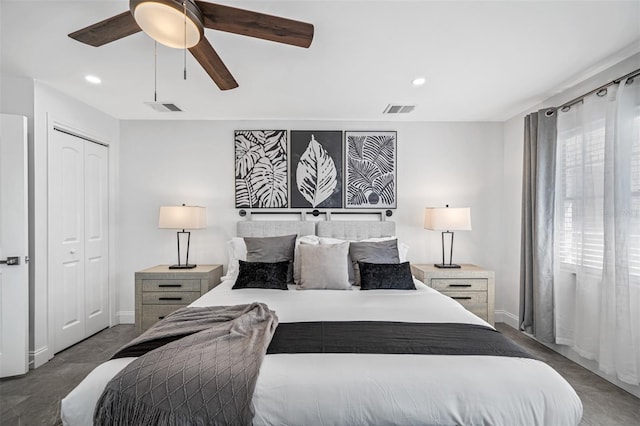 bedroom featuring ceiling fan, a closet, visible vents, and recessed lighting