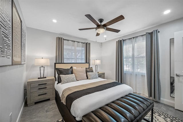 bedroom featuring baseboards, a ceiling fan, and recessed lighting