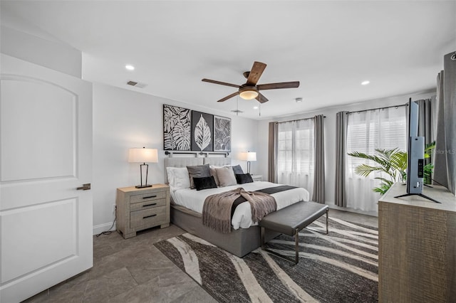 bedroom with access to outside, visible vents, ceiling fan, and recessed lighting