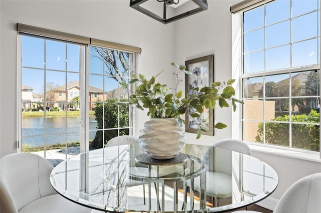 sunroom with a water view, plenty of natural light, and a residential view