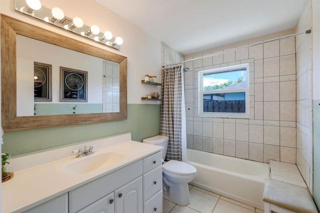 bathroom with shower / tub combo, vanity, toilet, and tile patterned floors