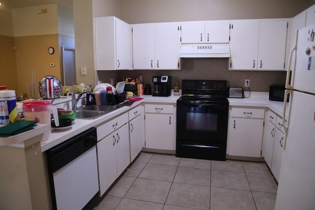 kitchen with light tile patterned floors, white appliances, a sink, light countertops, and range hood