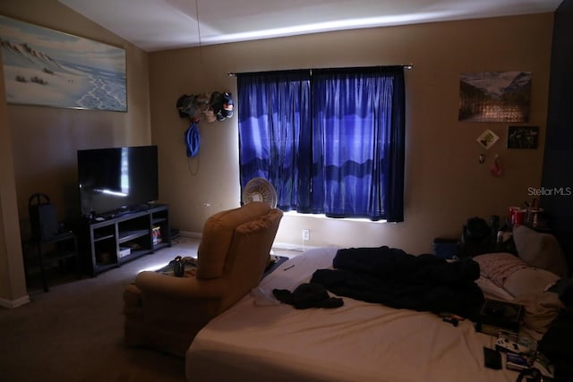 carpeted bedroom featuring lofted ceiling