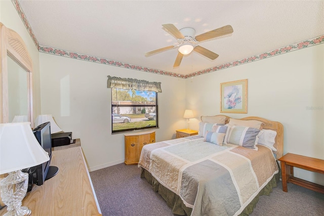 bedroom featuring carpet flooring, ceiling fan, and baseboards