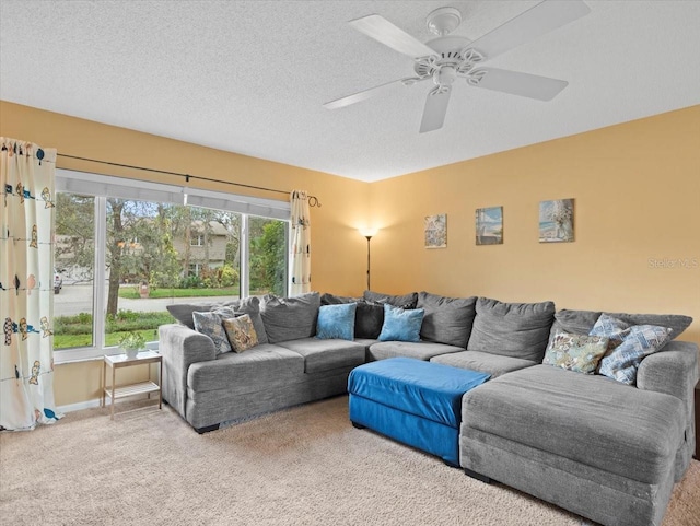 carpeted living room with ceiling fan and a textured ceiling