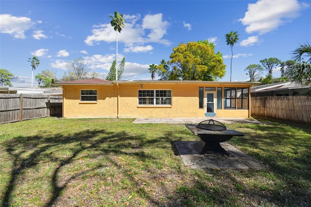 back of property featuring a patio area, a fenced backyard, a lawn, and stucco siding