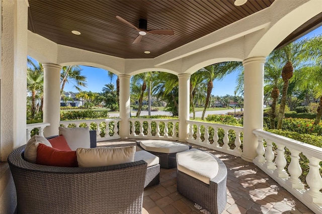 view of patio with a porch and ceiling fan