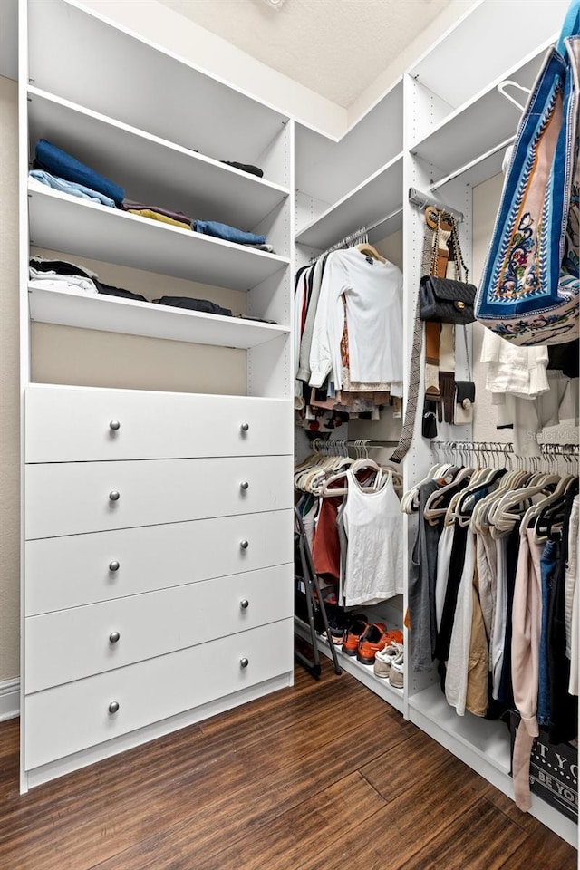 walk in closet with wood finished floors