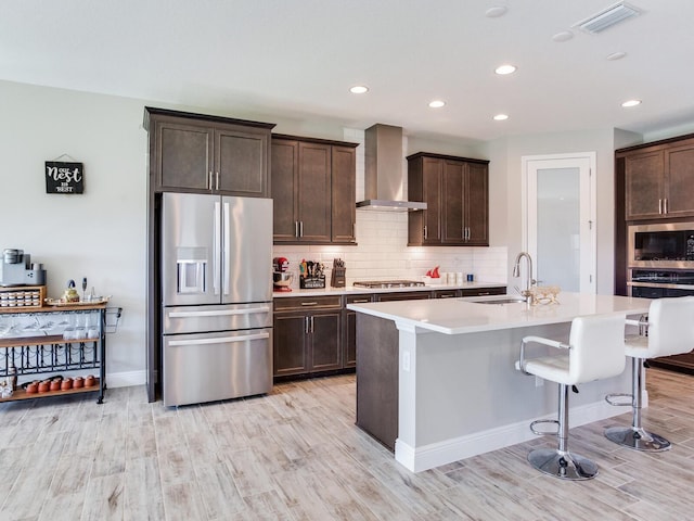 kitchen with visible vents, decorative backsplash, wall chimney exhaust hood, stainless steel appliances, and a sink