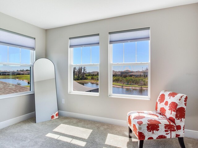 living area with a water view, baseboards, and carpet flooring