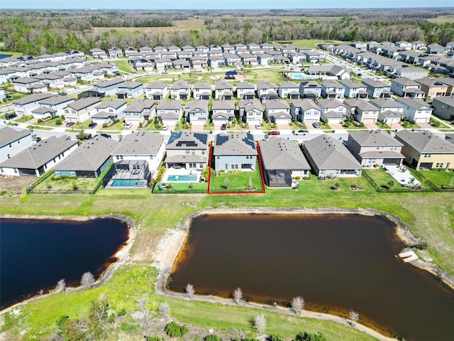 bird's eye view with a water view and a residential view
