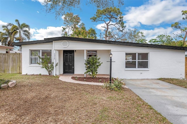 single story home featuring fence and stucco siding