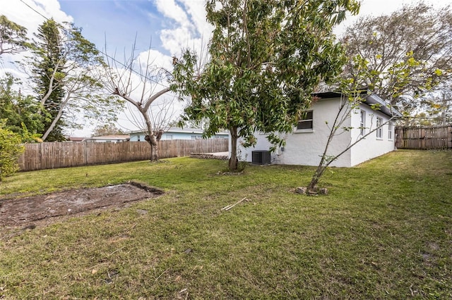 view of yard with a fenced backyard and central air condition unit