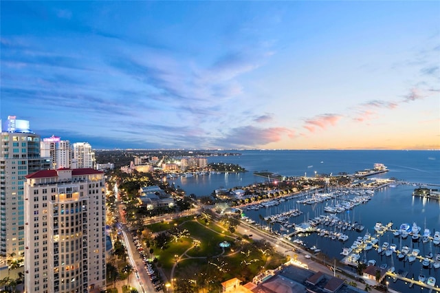 bird's eye view featuring a water view and a view of city