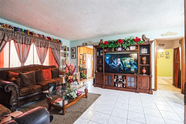 tiled living room with a textured ceiling