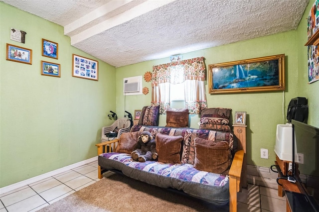 tiled living room with baseboards, a textured ceiling, and a wall mounted AC