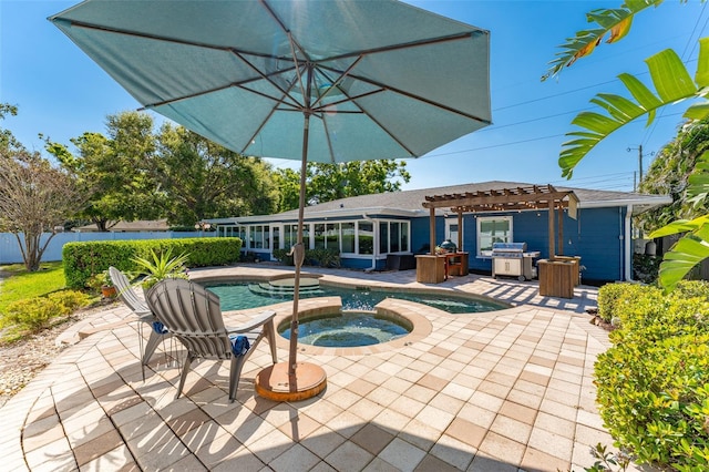 outdoor pool with an in ground hot tub, area for grilling, a pergola, a sunroom, and a patio area