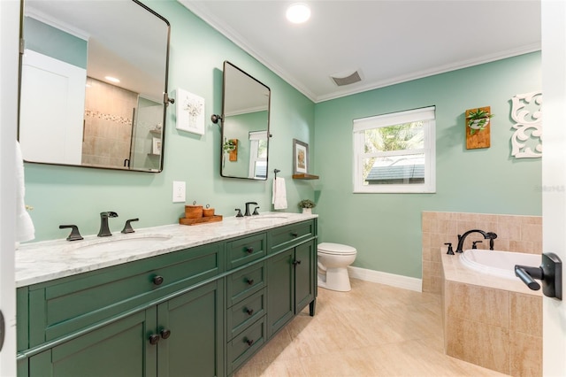 full bathroom featuring ornamental molding, tiled tub, baseboards, and a sink