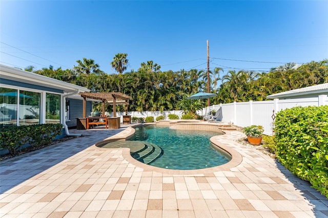 view of swimming pool with a patio, a fenced in pool, a fenced backyard, and a pergola