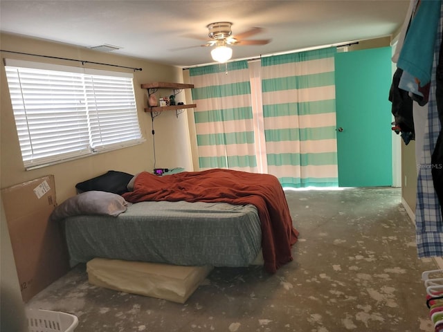 bedroom featuring visible vents, ceiling fan, and unfinished concrete floors