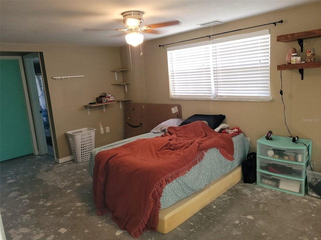 bedroom with visible vents, unfinished concrete flooring, and ceiling fan